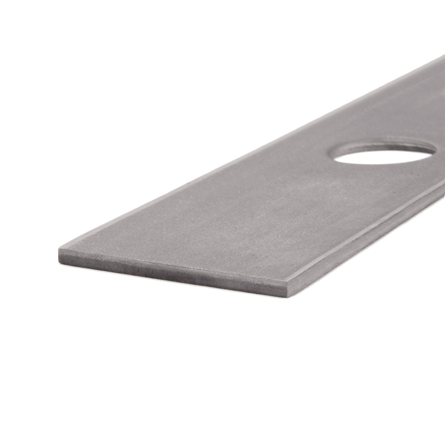 Close-up of TERRE replacement stick edger blade tip .120-inch thick with steel finish and 1-inch center hole