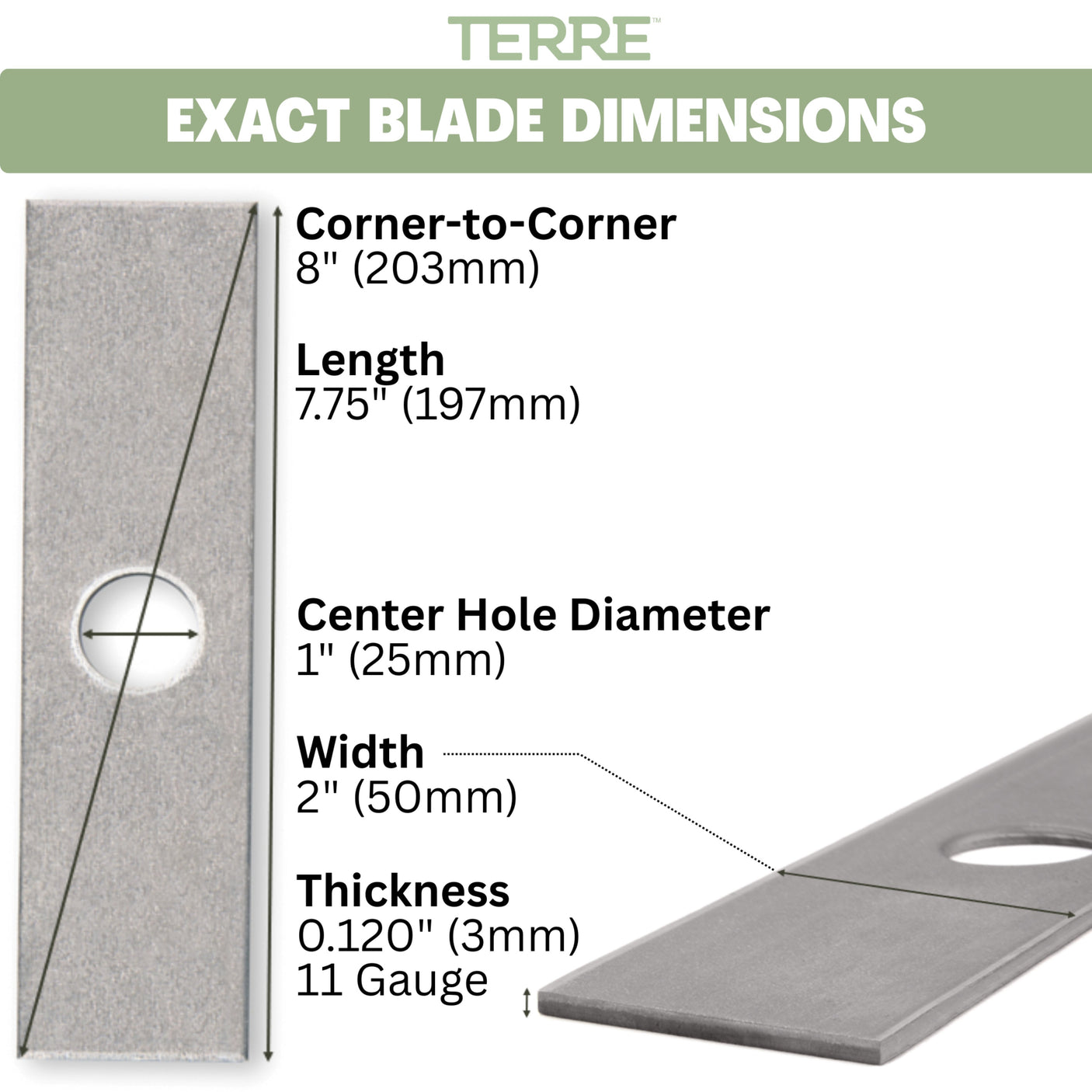 TERRE .120-inch stick edger blade dimensions showing 8-inch corner-to-corner, 7.75-inch length, 2-inch width and 1-inch center hole