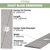 TERRE .120-inch stick edger blade dimensions showing 8-inch corner-to-corner, 7.75-inch length, 2-inch width and 1-inch center hole
