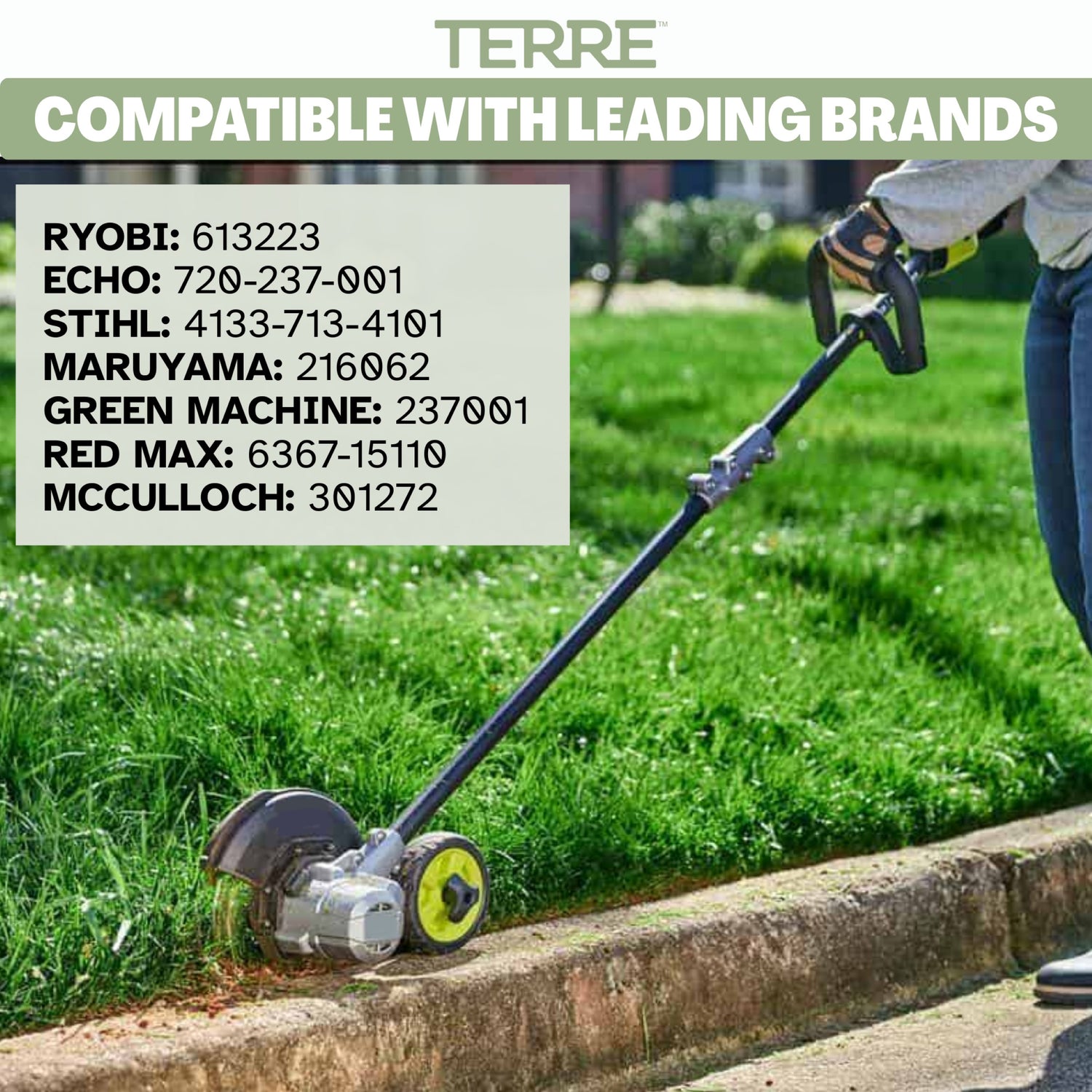 TERRE stick edger blade compatibility chart showing Ryobi, Echo, Stihl, Maruyama, Green Machine, RedMax and McCulloch replacement part numbers