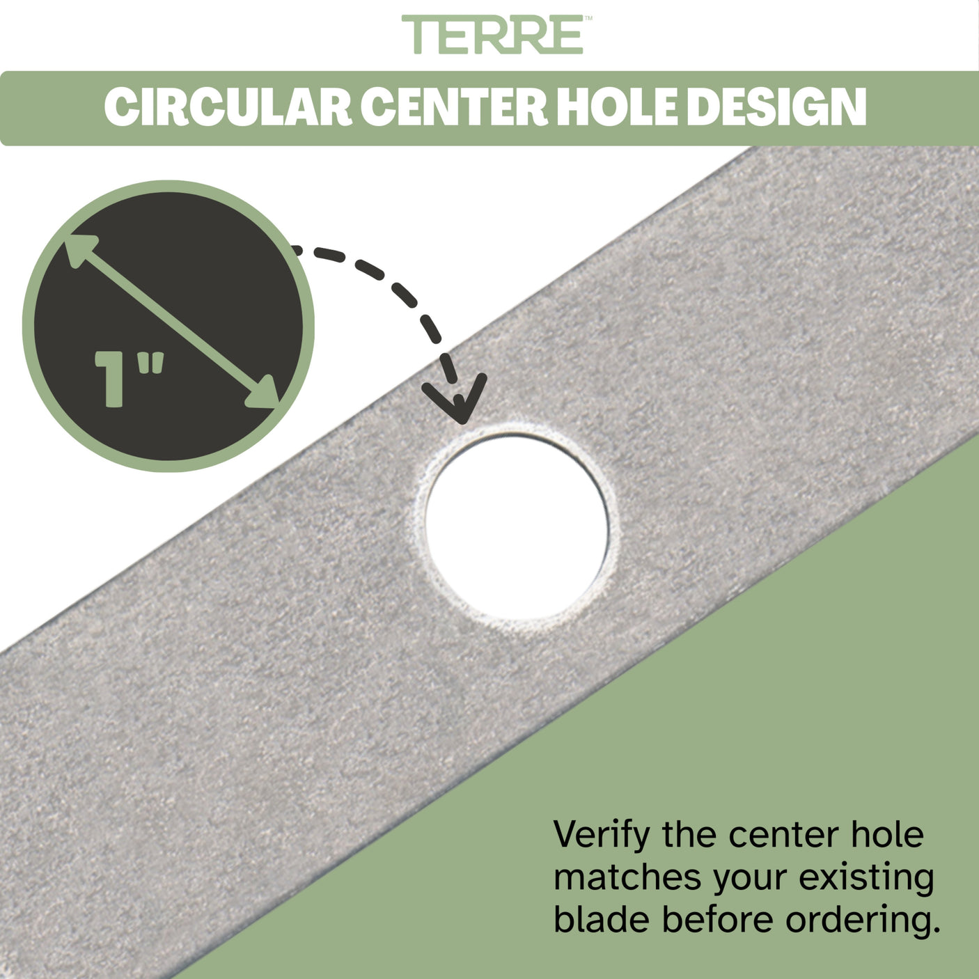 TERRE stick edger blade with 1-inch circular center hole and reminder to verify center hole before ordering