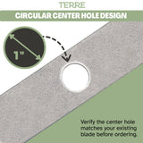TERRE stick edger blade with 1-inch circular center hole and reminder to verify center hole before ordering