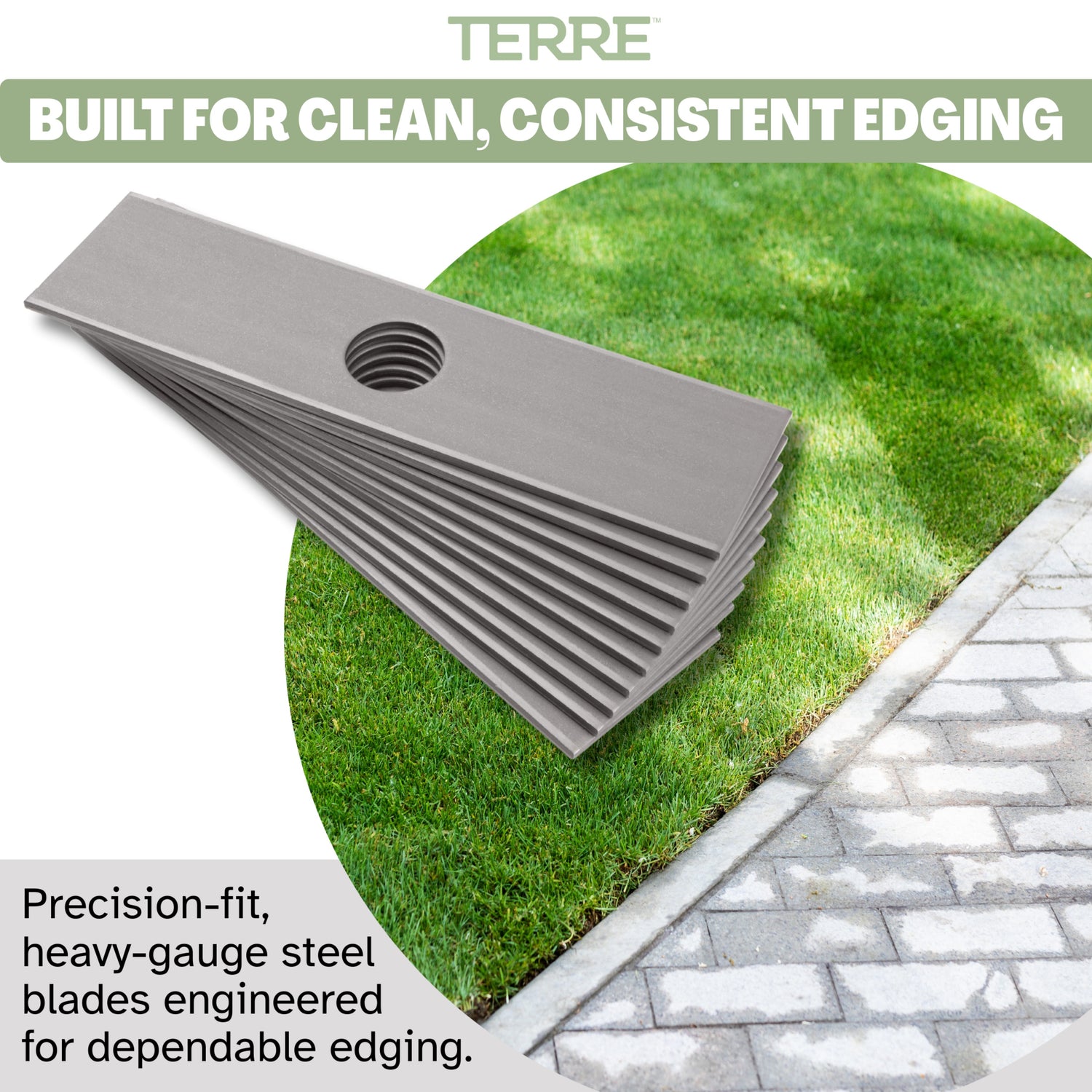 TERRE steel stick edger blades for clean edging along sidewalks, driveways, curbs and landscape borders