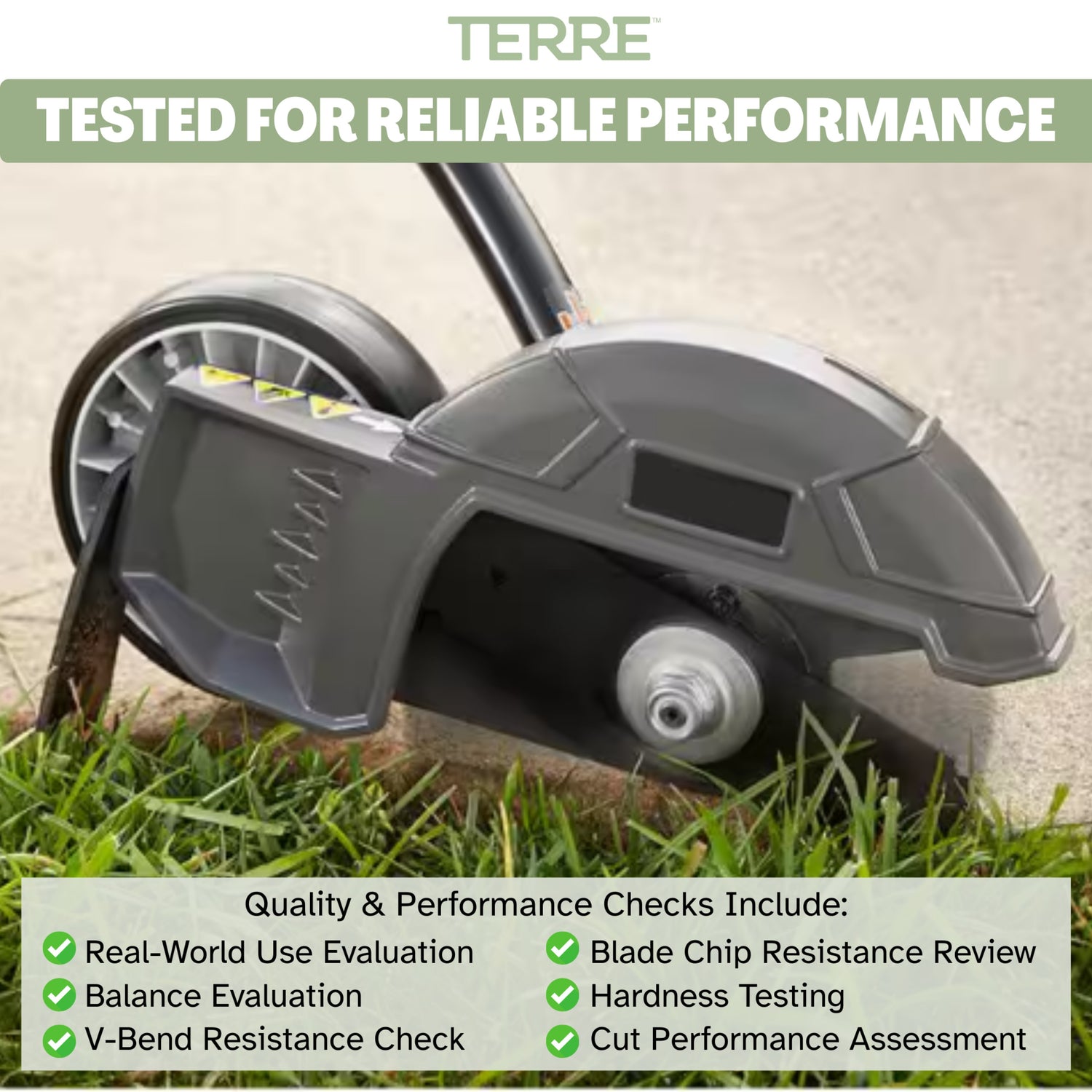 TERRE stick edger blade installed on lawn edger with quality checks for balance, hardness, chip resistance and cut performance