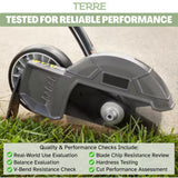TERRE stick edger blade installed on lawn edger with quality checks for balance, hardness, chip resistance and cut performance