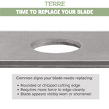 TERRE edger blade replacement guide showing worn blade signs such as chipped edge, extra force required and shortened blade length